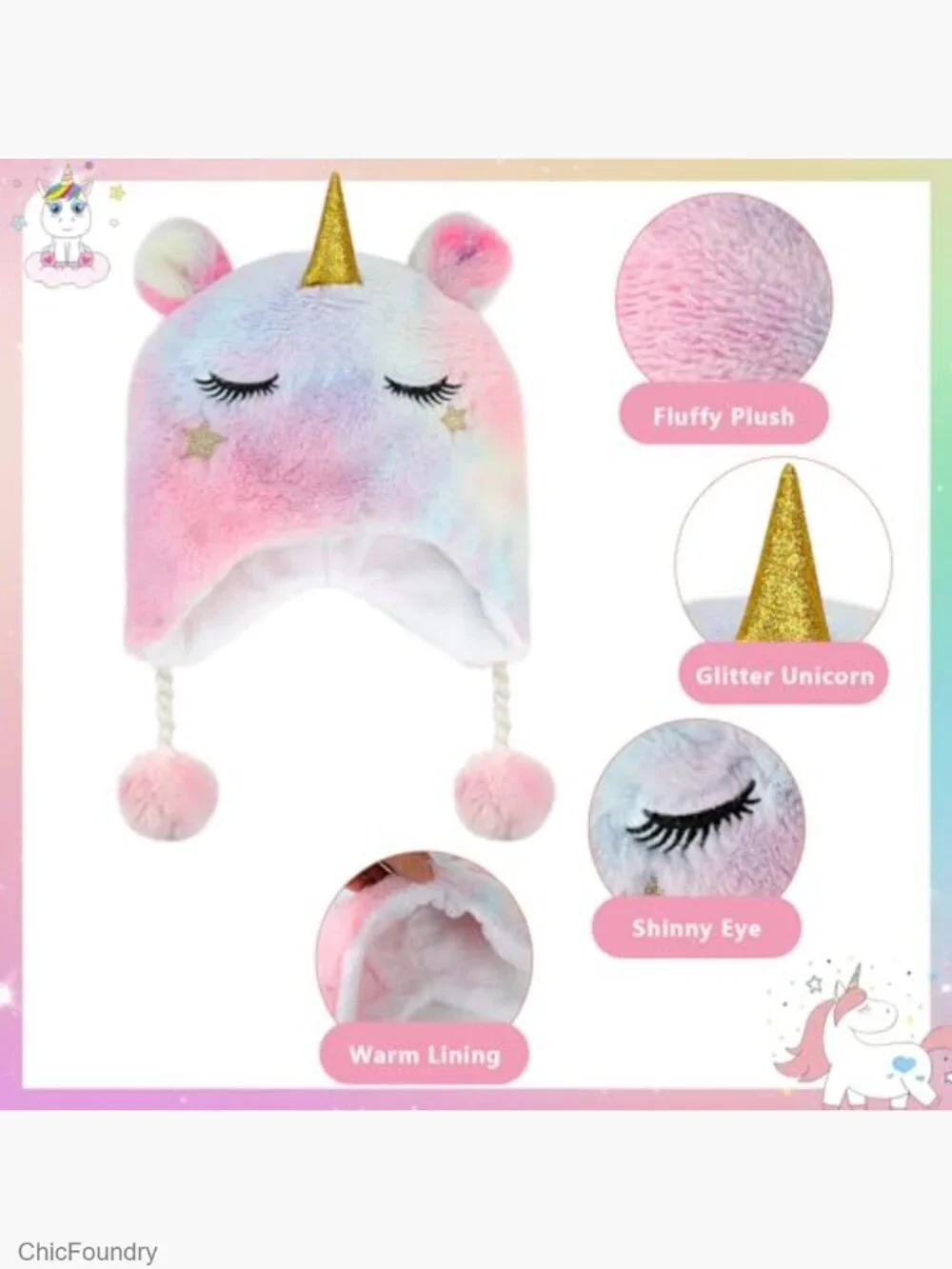Fleece Unicorn Earflap Hat and Flip Top Mittens Set for Kids
